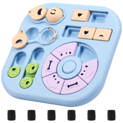 Blue interactive dog puzzle toy with sliding compartments and removable shapes