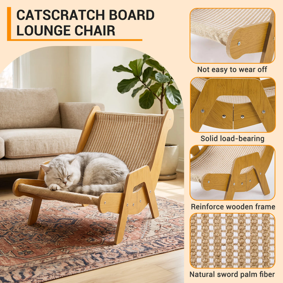 Cat sleeping on a 2-in-1 wooden sisal cat scratcher and lounger with close-up details of the durable construction