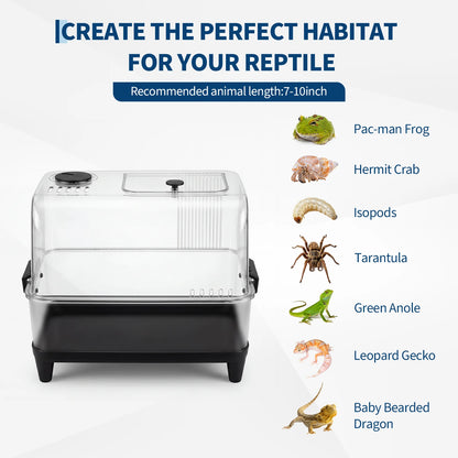 Clear reptile habitat with list of suitable animals including frog crab isopod tarantula anole gecko and bearded dragon