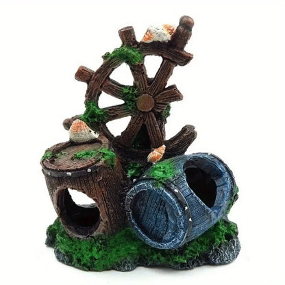 Nautical Steering Wheel & Wine Barrel Aquarium Decoration – Resin Fish Tank Ornament