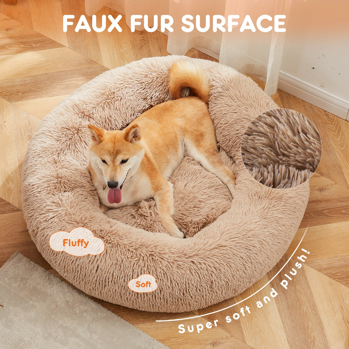 Calming Round Plush Dog Bed for Medium to Large Dogs with Anti-Slip Bottom & Washable Faux Fur Cover