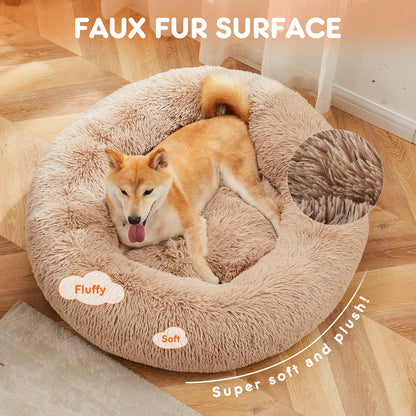 Calming Round Plush Dog Bed for Medium to Large Dogs with Anti-Slip Bottom & Washable Faux Fur Cover