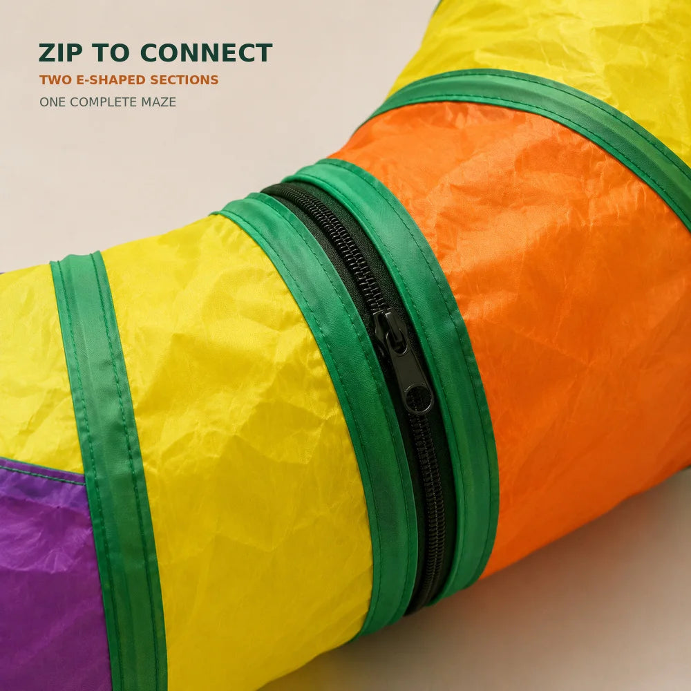 Zoe Extra-Long Cat Play Tunnel Maze – Foldable Double E-Shaped Design with Peek Holes, Pom-Poms & Interactive Toys