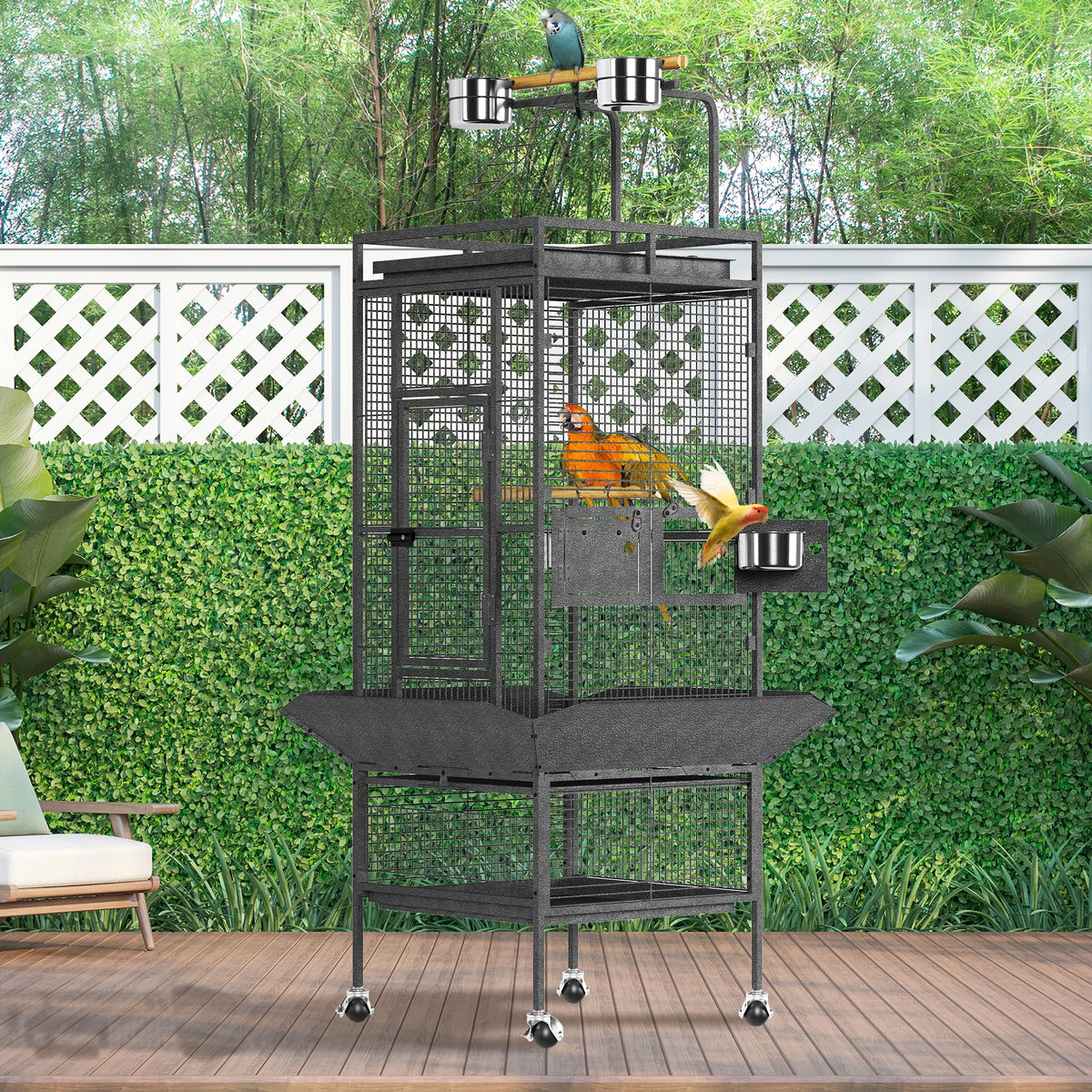 61-Inch Large Wrought Iron Bird Cage with Play Top, Rolling Stand, Perch & Feeders for Parrots, Cockatiels, Conures & Parakeets