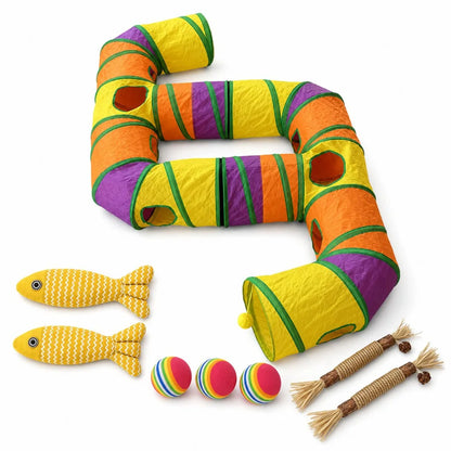 Zoe Extra-Long Cat Play Tunnel Maze – Foldable Double E-Shaped Design with Peek Holes, Pom-Poms & Interactive Toys