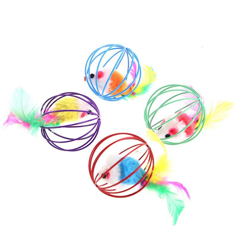 1 Pcs Cat Toy Stick Feather Wand with Bell, Mouse Cage Toys, Plastic Artificial Colorful Cat Teaser Toy, Pet Supplies Random Color Hollow Balls with Feather Tail, Kitten Chase Pounce Toy, Cat Feather Toy