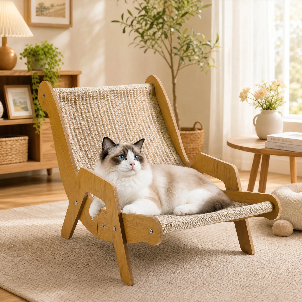 Cat resting on a 2-in-1 wooden sisal cat scratcher and lounger with natural jute surface