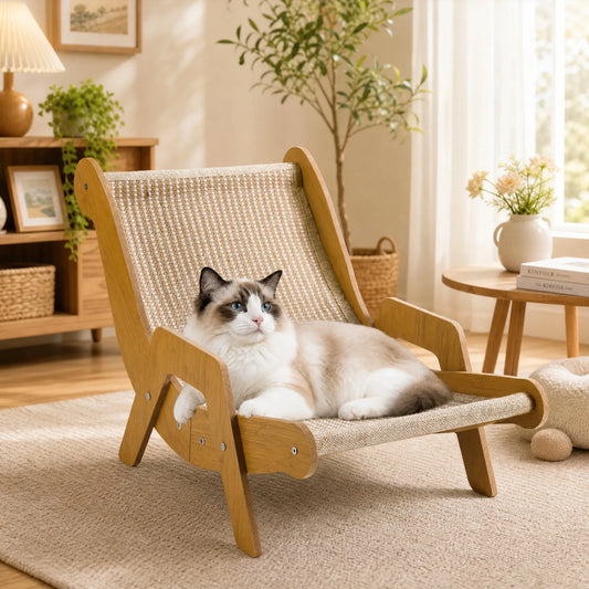 Cat resting on a 2-in-1 wooden sisal cat scratcher and lounger with natural jute surface