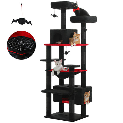 Large multi-level cat tree with black and red condos perches and sisal scratching posts