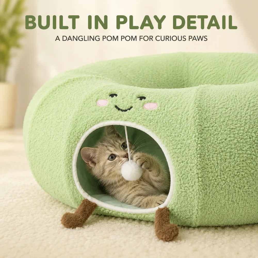 Convertible Plush Cat Tunnel & Donut Bed with Removable Cushion, Zipper Connection & Hanging Toy Ball for Indoor Cats