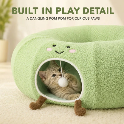 Convertible Plush Cat Tunnel & Donut Bed with Removable Cushion, Zipper Connection & Hanging Toy Ball for Indoor Cats