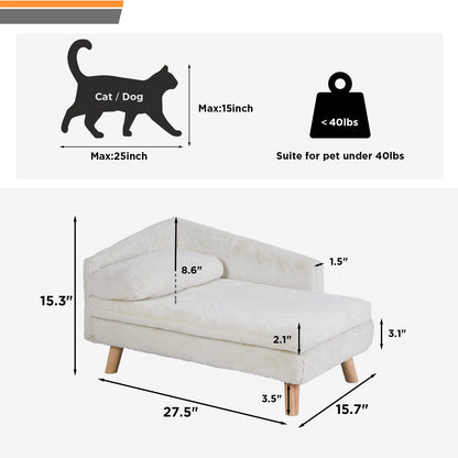 Diagram showing dimensions of a white plush pet sofa for pets up to 40lbs and 25 inches long