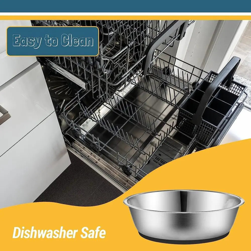 Stainless steel pet bowl shown with an open dishwasher to demonstrate it is dishwasher safe