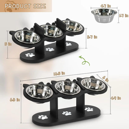Triple cat bowl stand with dimensions labeled in inches