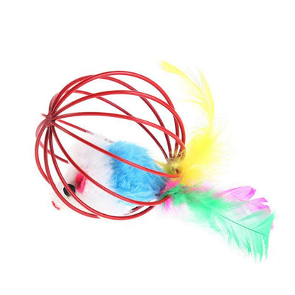 1 Pcs Cat Toy Stick Feather Wand with Bell, Mouse Cage Toys, Plastic Artificial Colorful Cat Teaser Toy, Pet Supplies Random Color Hollow Balls with Feather Tail, Kitten Chase Pounce Toy, Cat Feather Toy