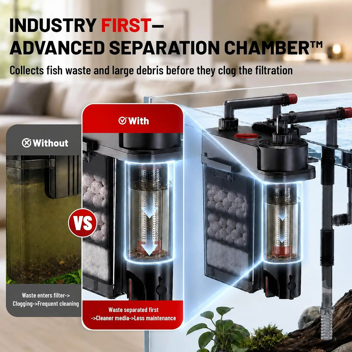 Quiet Hang-On-Back Aquarium Filter with Waste Separation, One-Touch Drainage & Easy Water Changes – 118 GPH for 10–30 Gallon Fish Tanks