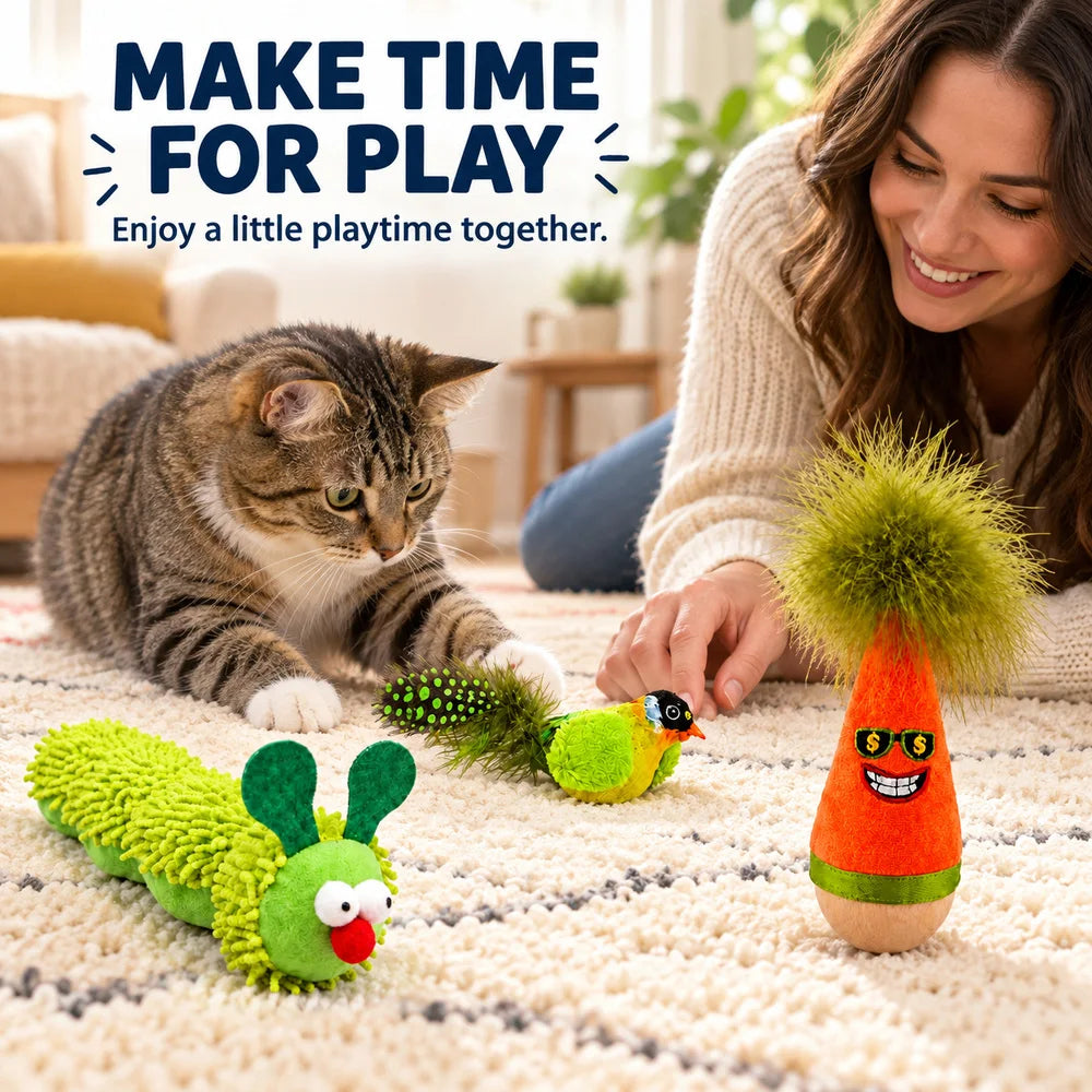Zoe Interactive Cat Toy Set – Wobble Toy, Soft Caterpillar & Chirping Bird for Indoor Cats