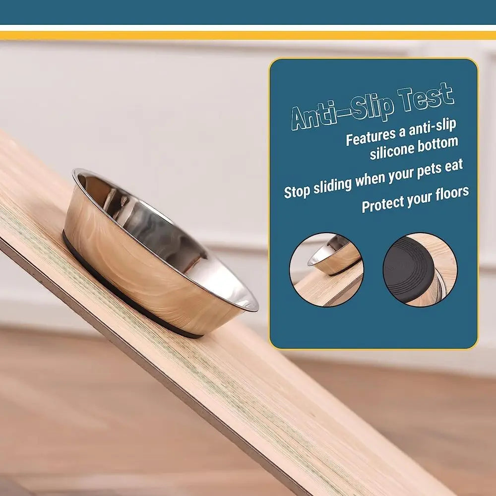 Stainless steel pet bowl on an angled surface demonstrating anti-slip silicone base