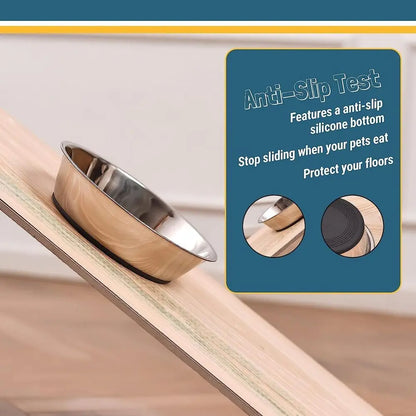 Stainless steel pet bowl on an angled surface demonstrating anti-slip silicone base