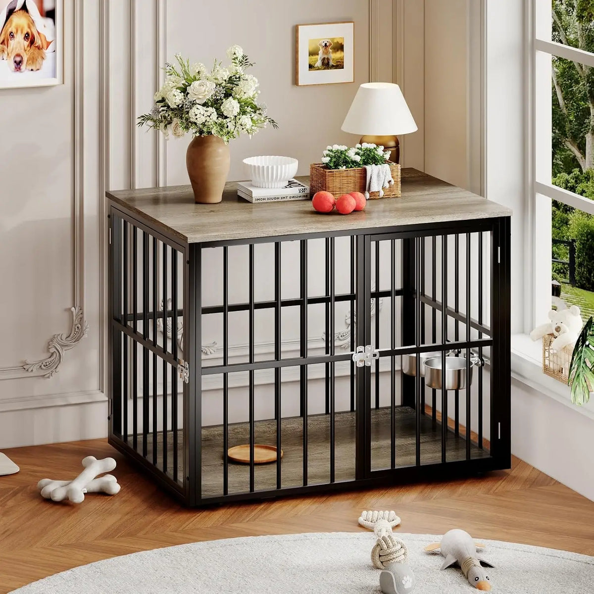 43-Inch Wooden Dog Crate Furniture with Double Doors, Removable Tray & Divider for Medium to Large Dogs