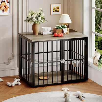 43-Inch Wooden Dog Crate Furniture with Double Doors, Removable Tray & Divider for Medium to Large Dogs