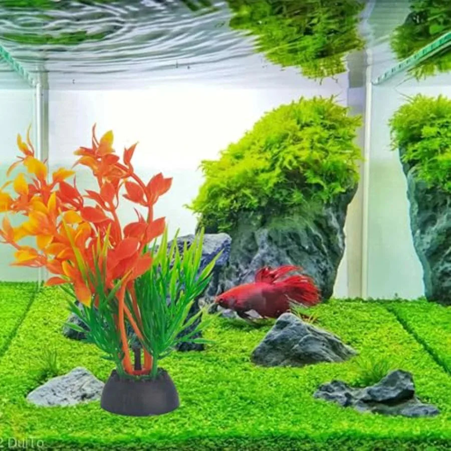 4-Piece Artificial Seaweed Aquarium Plants – 4-Inch Realistic Green & Orange Decorations for Freshwater and Saltwater Fish Tanks