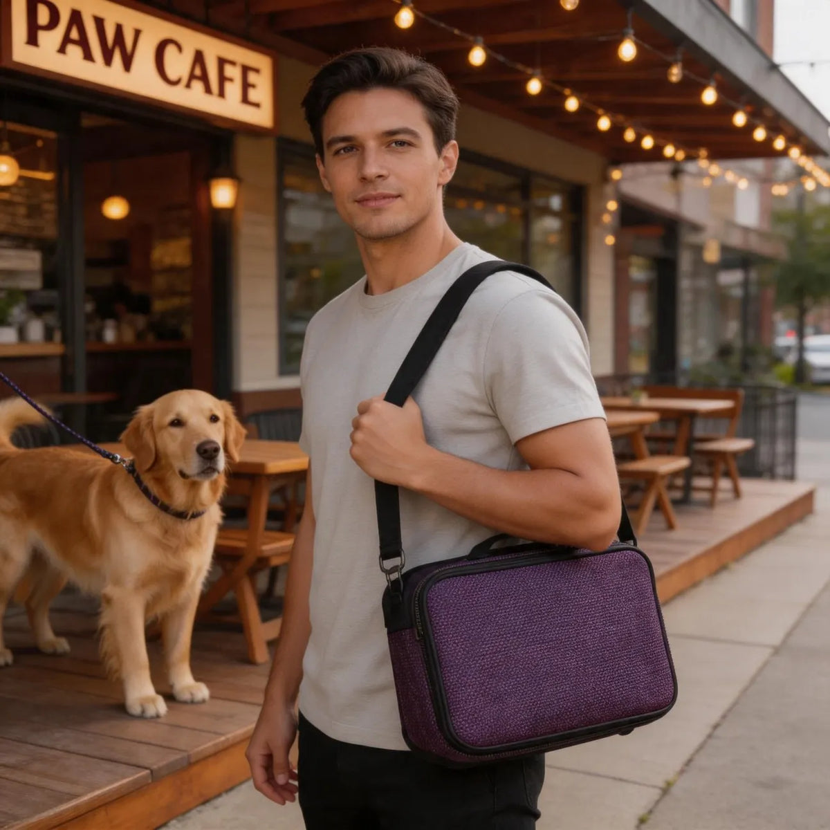 Man wearing a grey t-shirt carrying a purple shoulder bag with a golden retriever standing on a cafe patio