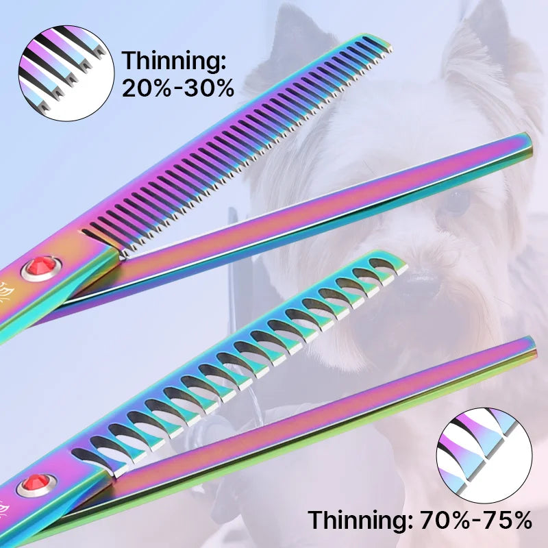 Rainbow pet grooming thinning shears with 20 to 30 percent and 70 to 75 percent thinning rates