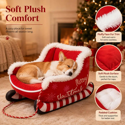 Christmas Santa Sleigh Dog Bed – Large Plush Pet Sofa with Raised Sides & Washable Design