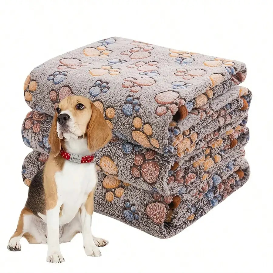 Beagle sitting next to a stack of grey pet blankets with a colorful paw print pattern