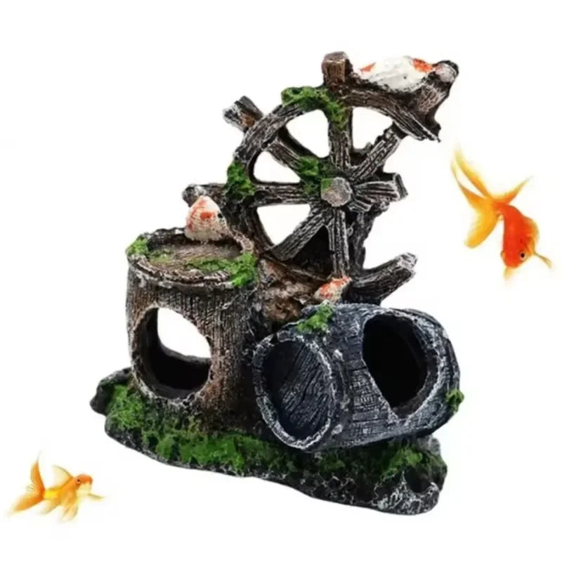 Nautical Steering Wheel & Wine Barrel Aquarium Decoration – Resin Fish Tank Ornament
