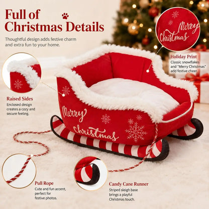 Christmas Santa Sleigh Dog Bed – Large Plush Pet Sofa with Raised Sides & Washable Design