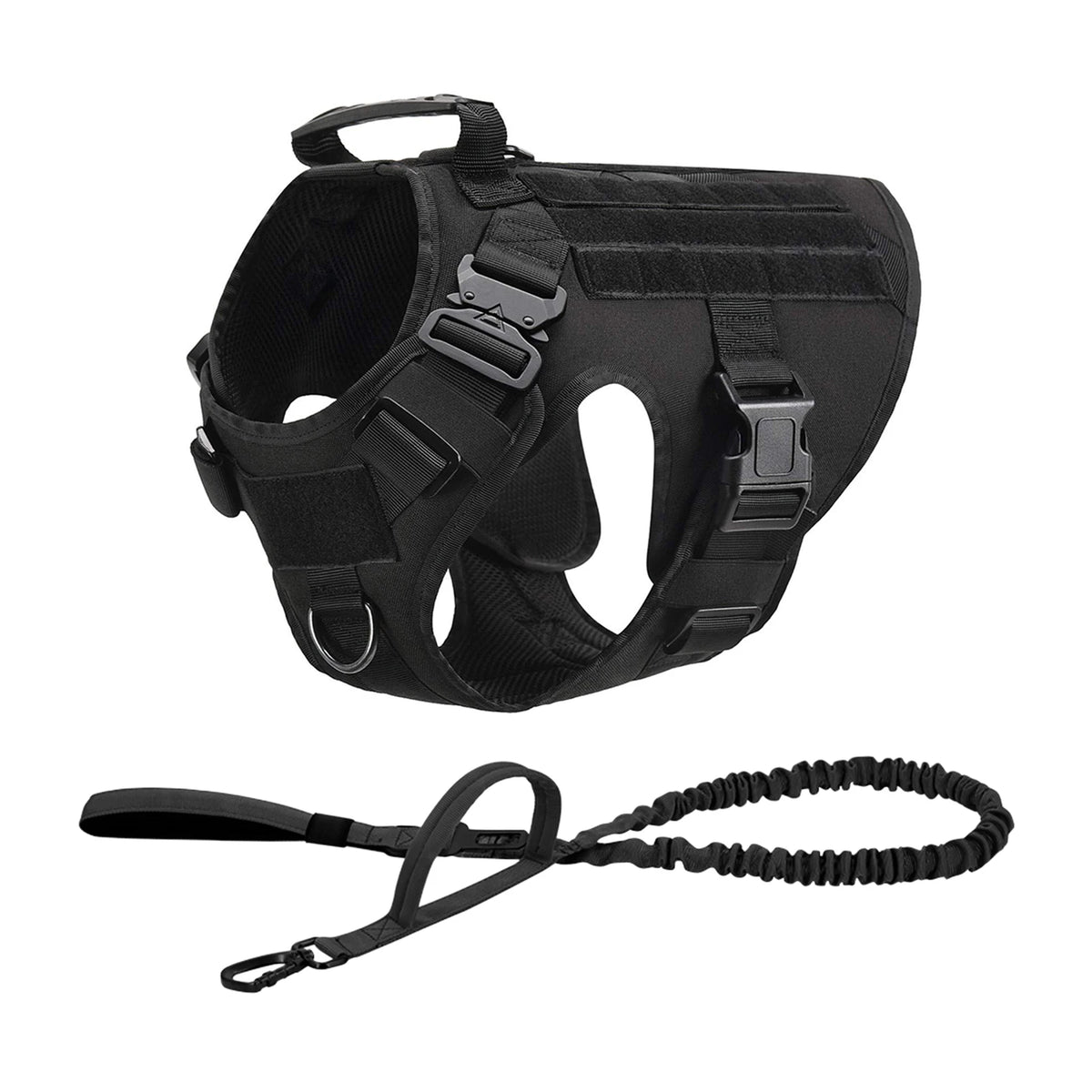 Black tactical dog harness with matching bungee leash