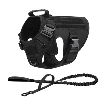 Black tactical dog harness with matching bungee leash