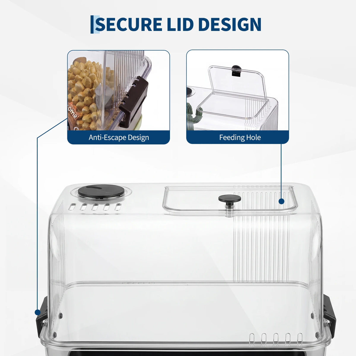 Clear reptile enclosure showing anti-escape locking clips and a top access feeding hole