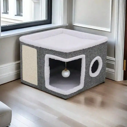 Cozy Foldable Indoor Cat House with Soft Reversible Cushion, Hanging Play Balls & Peekaboo Windows – Supports Up to 30 lbs