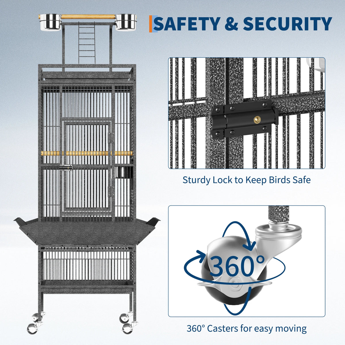 61-Inch Large Wrought Iron Bird Cage with Play Top, Rolling Stand, Perch & Feeders for Parrots, Cockatiels, Conures & Parakeets