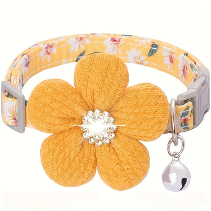 Yellow floral pet collar with 3D fabric flower charm and silver bell