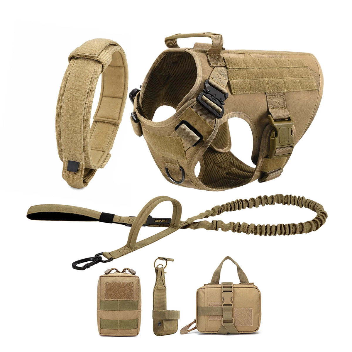 Tan tactical dog harness set with collar leash and three modular pouches