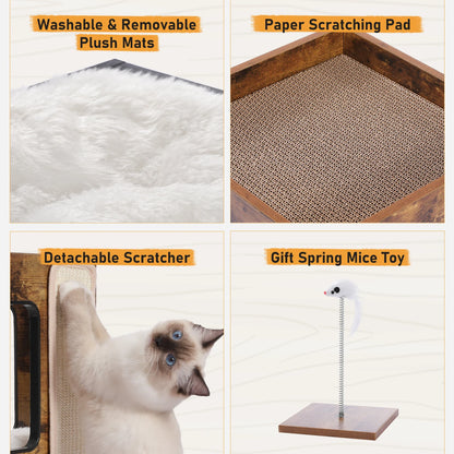 Modern Wooden Cat Condo & Activity Tower with Cozy Hideaway, Removable Soft Mats & Scratching Pad for Indoor Cats and Kittens