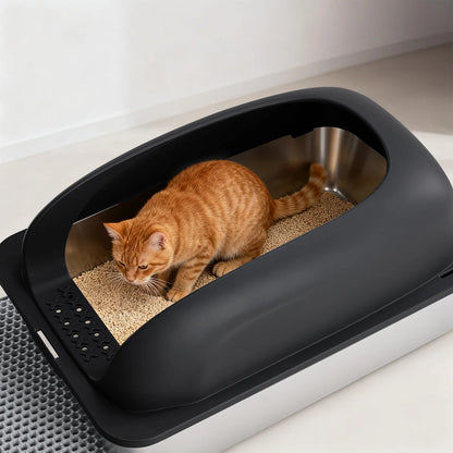 JHK 24-Inch Large Stainless Steel Cat Litter Box with Lid, Leak-Resistant Design, Scoop & Mat for Large Cats