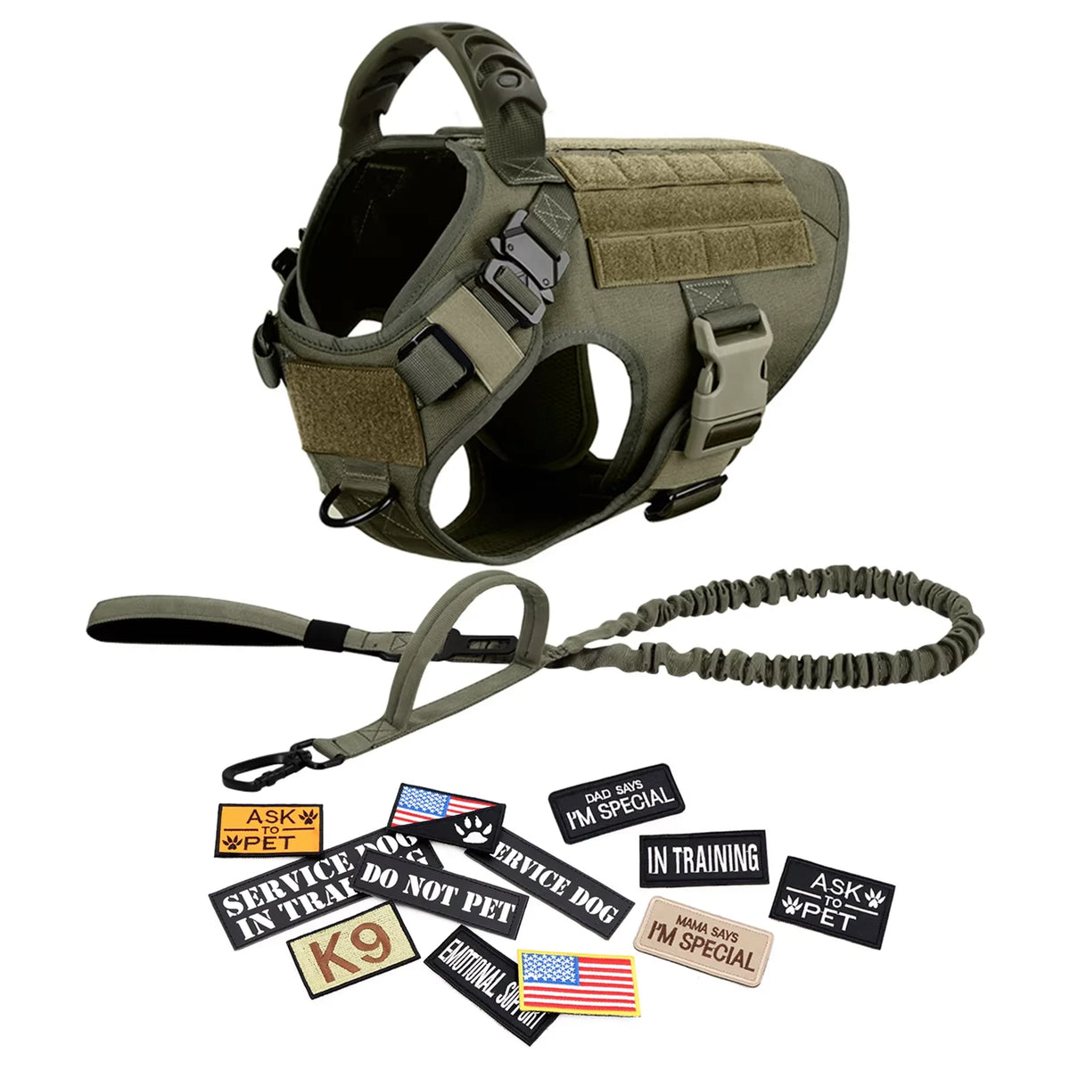 Tactical Dog Harness, Collar & Leash Set with Pouches and Patches