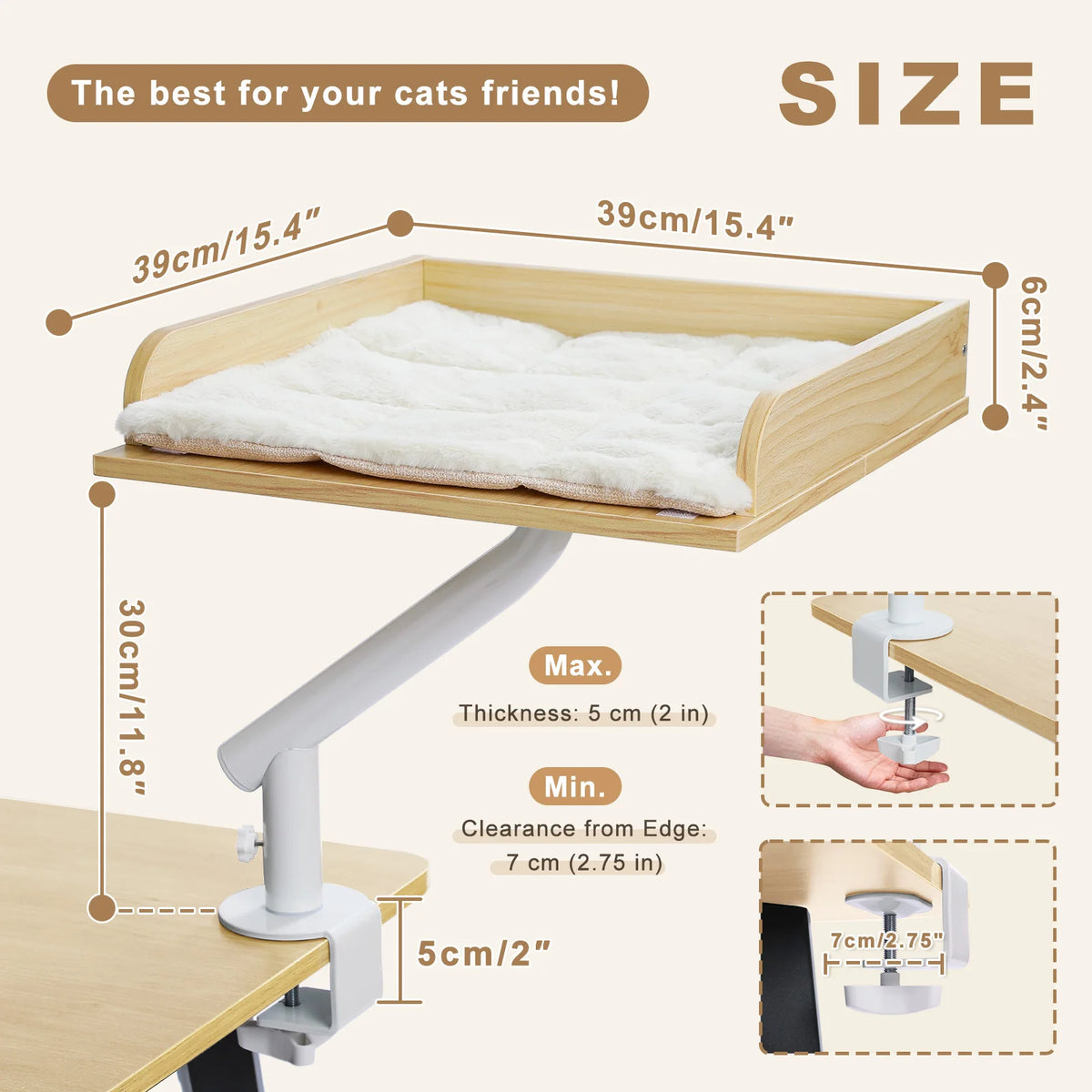 Diagram showing dimensions and clamp installation for a cat desk perch