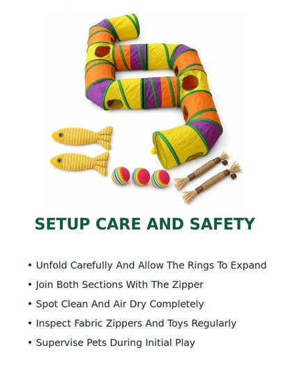 Zoe Extra-Long Cat Play Tunnel Maze – Foldable Double E-Shaped Design with Peek Holes, Pom-Poms & Interactive Toys