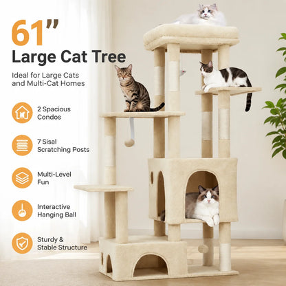 61-inch beige multi-level cat tree featuring 2 condos, 7 sisal scratching posts, elevated perches, and hanging toys.