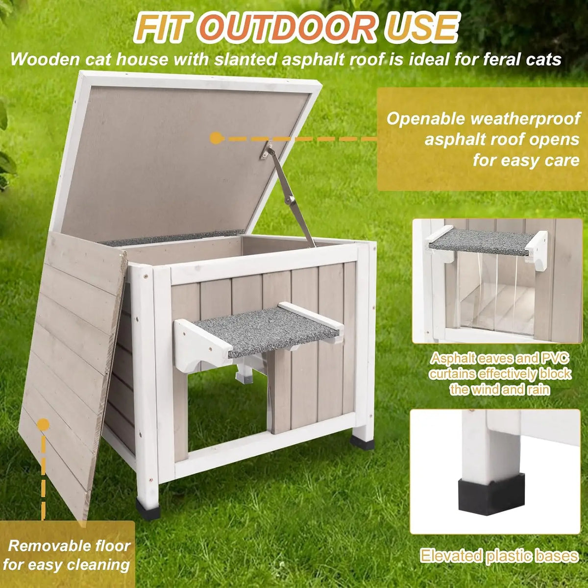 22-Inch insulated wooden outdoor cat house with openable asphalt roof and removable floor