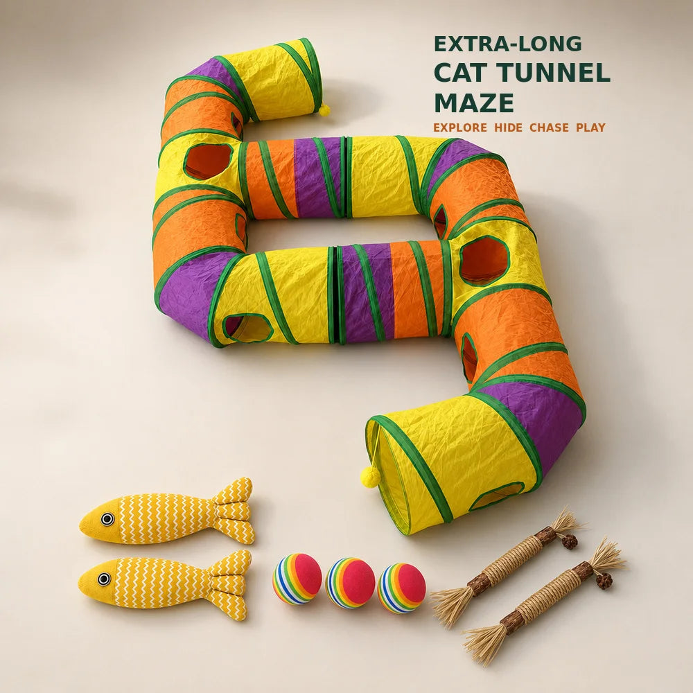 Zoe Extra-Long Cat Play Tunnel Maze – Foldable Double E-Shaped Design with Peek Holes, Pom-Poms & Interactive Toys