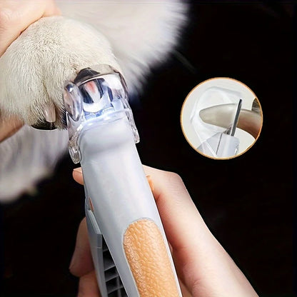 Professional LED pet nail clippers trimming a dog claw with a close up view of the blade