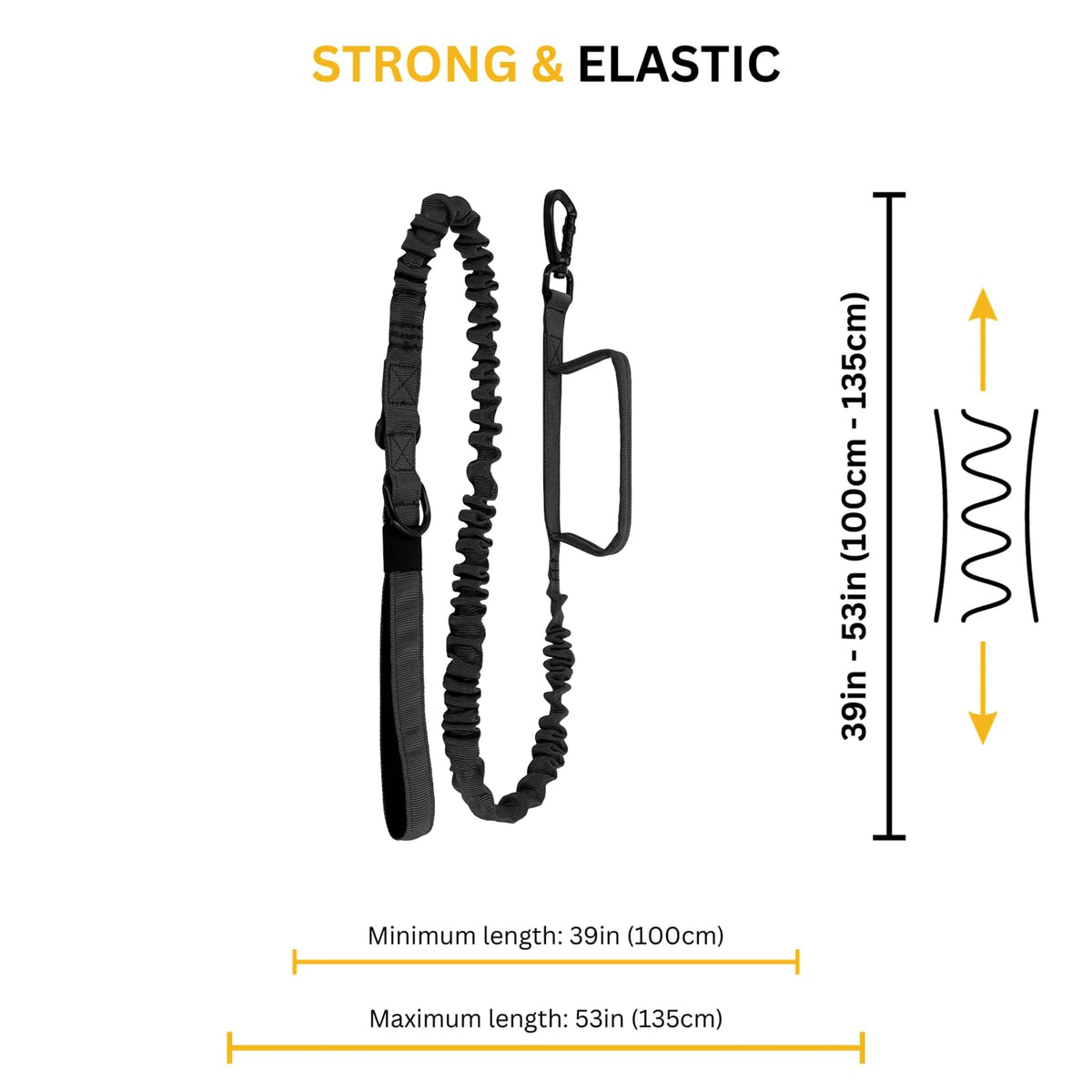 Black elastic dog leash with length measurements from 100cm to 135cm