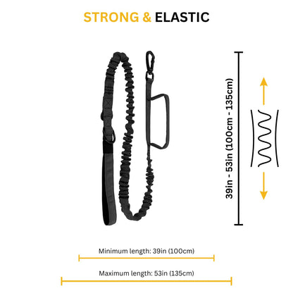 Black elastic dog leash with length measurements from 100cm to 135cm